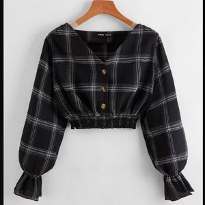 Button Front Bell Sleeve Plaid Top